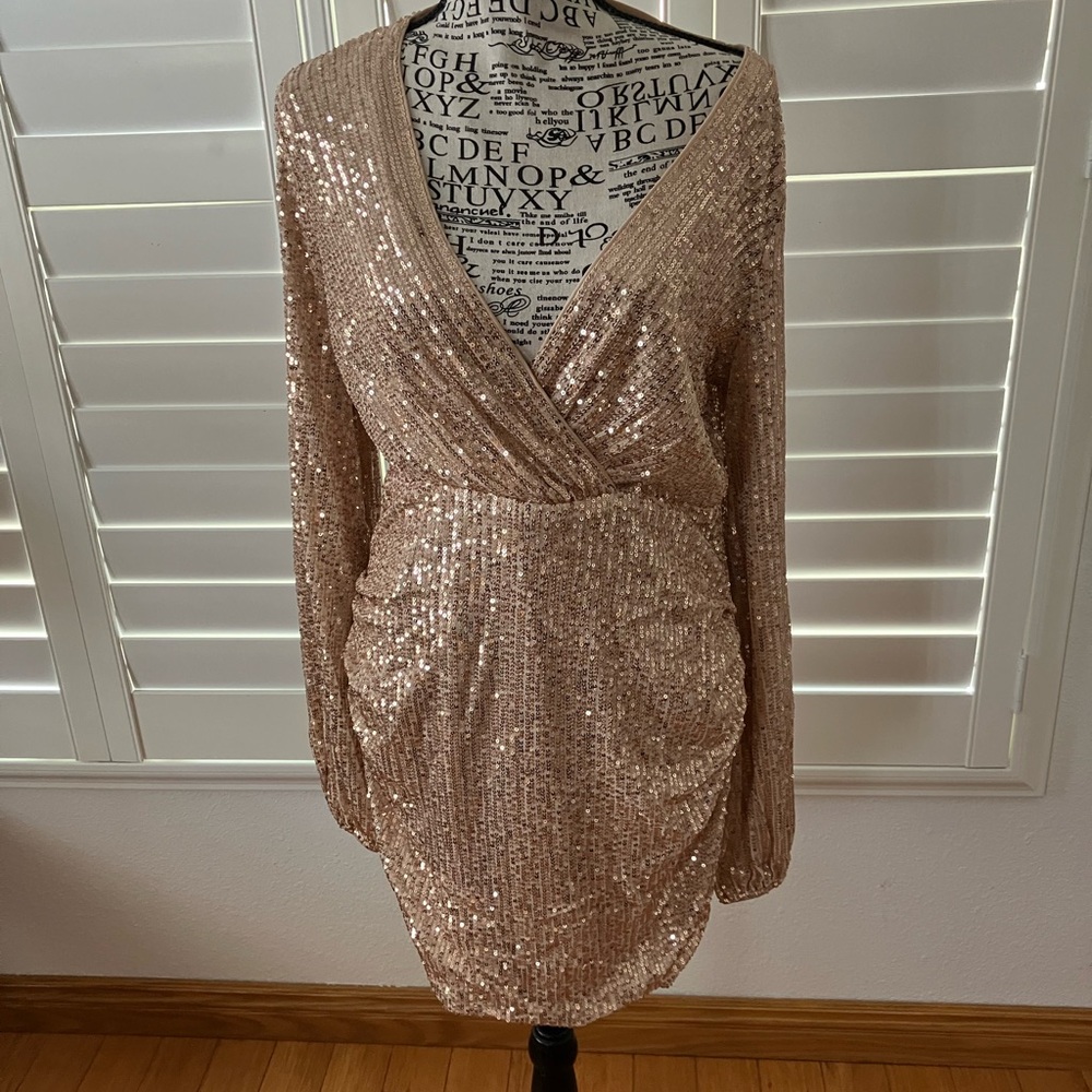 Sequin Wrap Mini Dress in Rose Gold